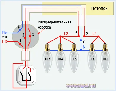 Полная монтажная схема подключения люстры