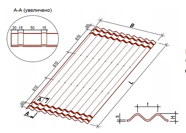 Схема-чертеж стандартного кровельного листа « ОНДУЛИН SMART»