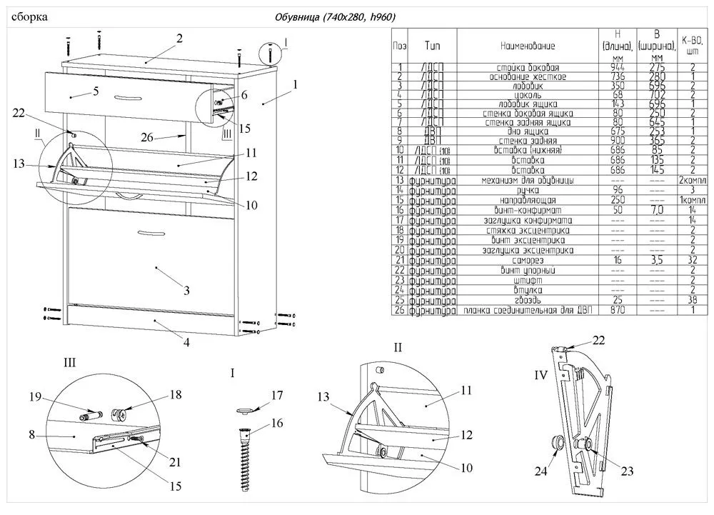 Подробный чертёж и схема комода для обуви с подробным перечнем материалом