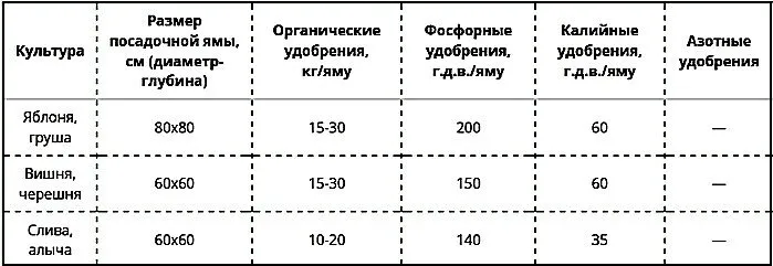 Количество удобрений, вносимых на один саженец