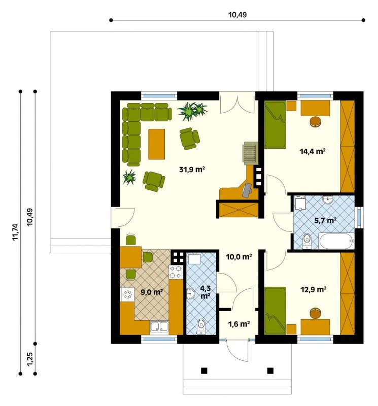 Планировка квадратного одноэтажного дома 10х10