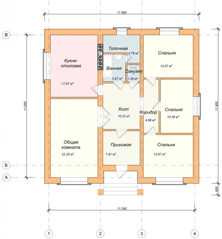 Планировка одноэтажного дома 10х10 с тремя спальнями