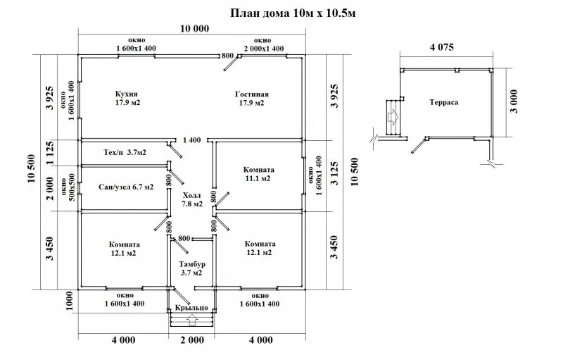 Размеры окна на плане в доме 111-75 серии