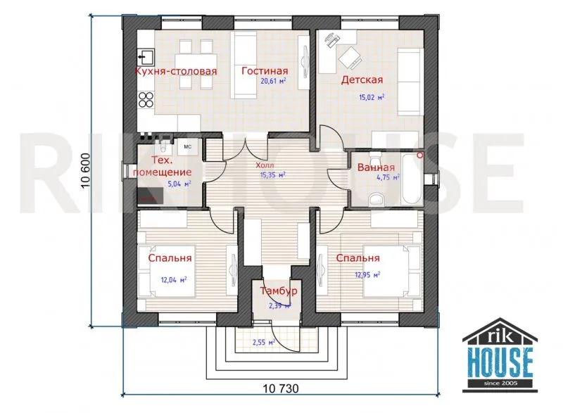 Проект дома 10 на 12 одноэтажный с 3 спальнями