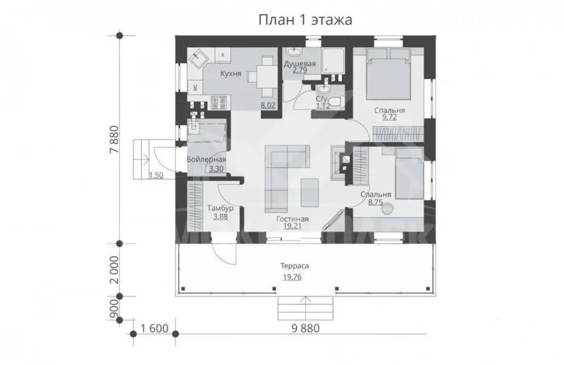 Одноэтажный дом с террасой планировка