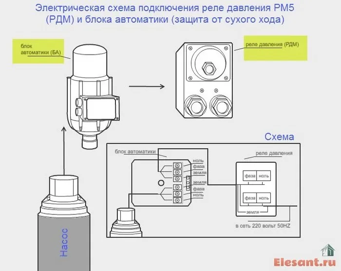 elektricheskaya skhema podklyucheniya rele davleniya RM5 RDM i bloka avtomatiki zashchita ot sukhogo khoda